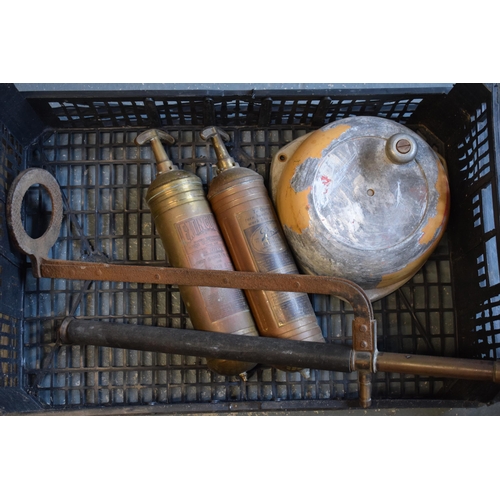 314A - A collection of vintage fire safety items to include a hand turned fire alarm, 2 extinguishers to in... 