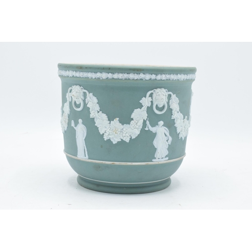 49 - A 19th century Wedgwood Jasperware jardinière in a green / turquoise colour. 15cm tall. In good cond... 