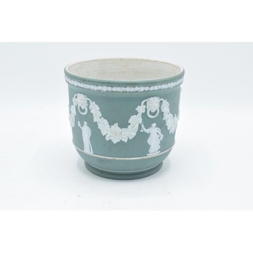 49 - A 19th century Wedgwood Jasperware jardinière in a green / turquoise colour. 15cm tall. In good cond... 