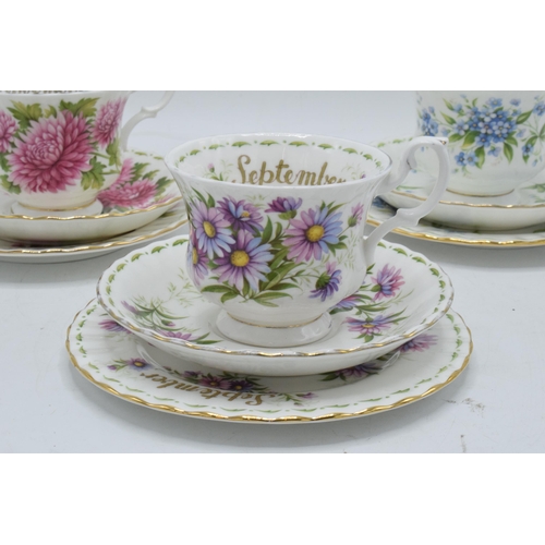 60 - A collection of Royal Albert Flower of the Month trios to include September - Michaelmas Daisy, July... 