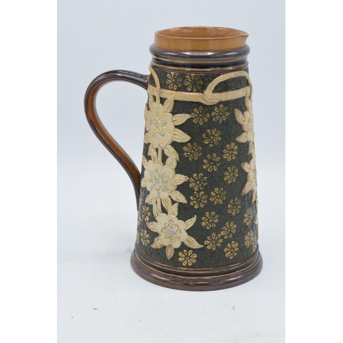 129 - Doulton Lambeth and Slaters stoneware jug with impressed marks to base. 21cm tall. In good condition... 