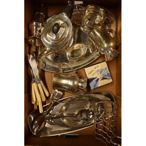 226 - A good collection of silver plate and similar items to include a 3-piece tea set, mixed cutlery, tan... 