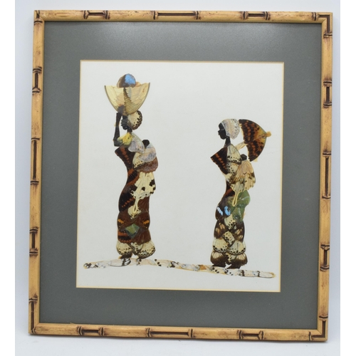 247 - A framed collage depicting two ladies made from butterfly wings. 40 x 37cm inc frame.