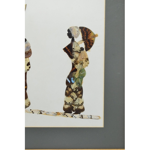 247 - A framed collage depicting two ladies made from butterfly wings. 40 x 37cm inc frame.