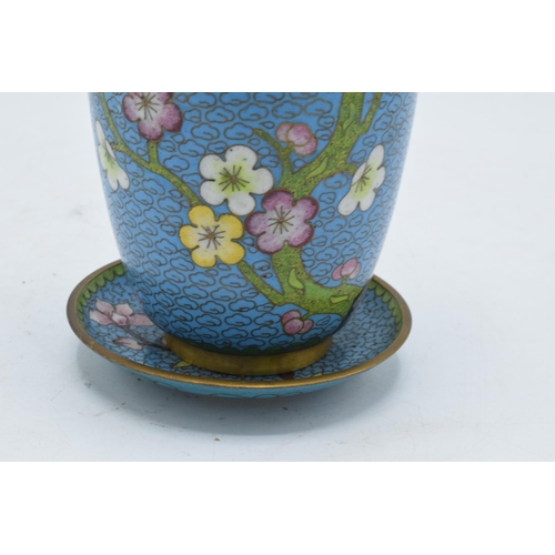 247A - A 20th century Japanese cloisonné vase and matching stand decorated with a floral design on a blue b... 