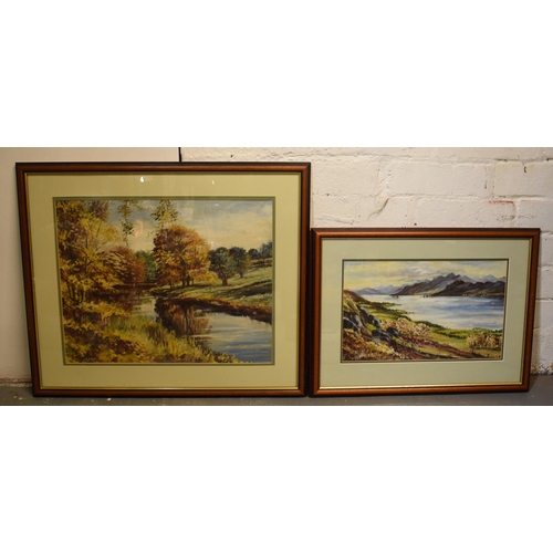 250 - A pair of framed oils on boards, one depicting a river scene and the other of a lake with mountainou... 