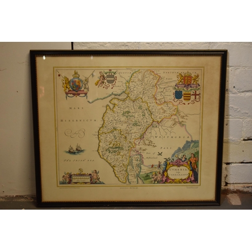 251 - A framed reproduction map of Cumbria by Johan Blaeu: Atlas Novus 1648. Printed by John Bartholomew &... 