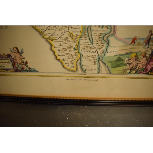 251 - A framed reproduction map of Cumbria by Johan Blaeu: Atlas Novus 1648. Printed by John Bartholomew &... 