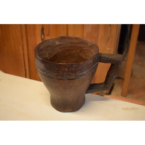 258 - An unusual late 19th / early 20th carved oak wooden tankard, folk art interest, in the Black Forest ... 