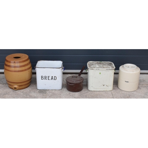 271 - A mixed collection of items to include a large stoneware barrel, 2 vintage enamel bread bins (1 with... 