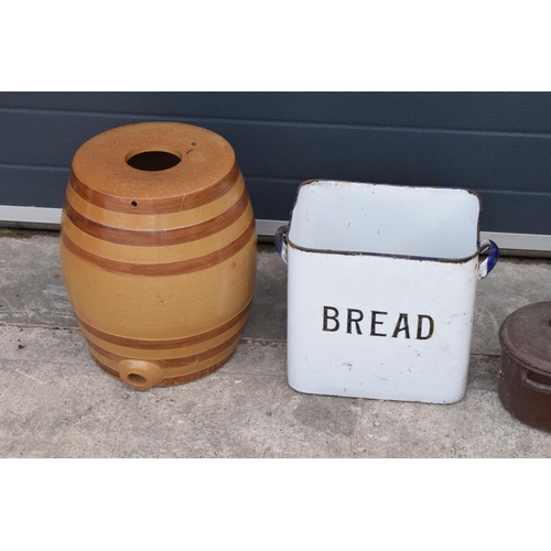 271 - A mixed collection of items to include a large stoneware barrel, 2 vintage enamel bread bins (1 with... 