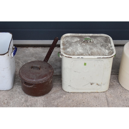 271 - A mixed collection of items to include a large stoneware barrel, 2 vintage enamel bread bins (1 with... 