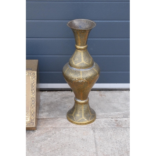 272 - A large Middle Eastern brass vase (62cm tall) together with a brass coal bin / scuttle and a large v... 