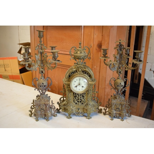 294 - Late 19th / early 20th century gilt brass clock and matching 5 sconce garnitures (3) in a gothic / o... 