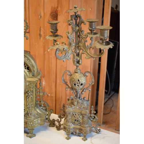 294 - Late 19th / early 20th century gilt brass clock and matching 5 sconce garnitures (3) in a gothic / o... 