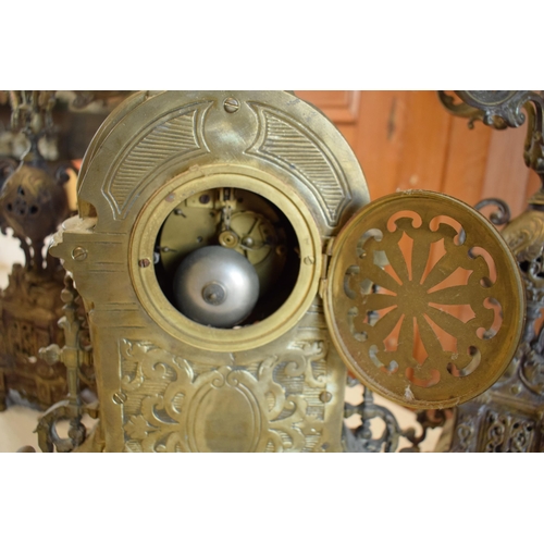 294 - Late 19th / early 20th century gilt brass clock and matching 5 sconce garnitures (3) in a gothic / o... 