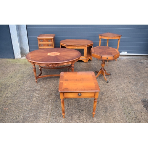 340 - A good collection of walnut or similar wooden furniture set to include a table, octagonal sewing-sty... 