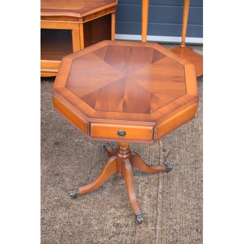 340 - A good collection of walnut or similar wooden furniture set to include a table, octagonal sewing-sty... 