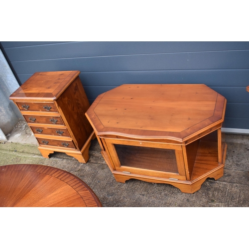 340 - A good collection of walnut or similar wooden furniture set to include a table, octagonal sewing-sty... 