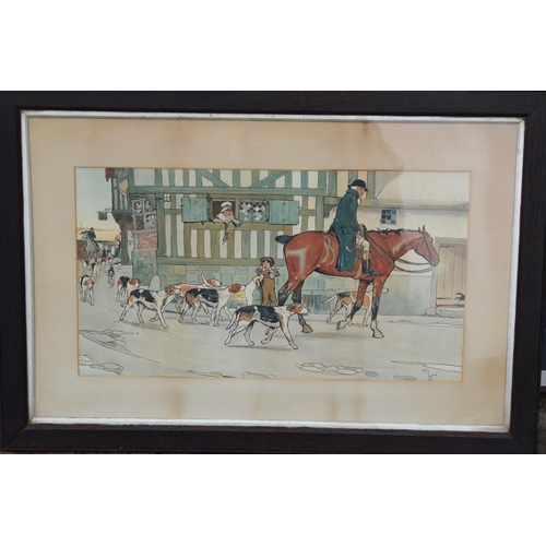 342 - A good quality pair of Cecil Aldin prints depicting scenes of a hunt outside a tavern and houses. 98... 