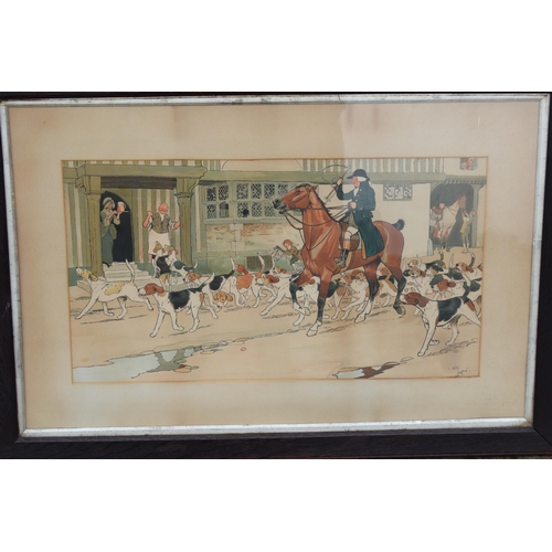 342 - A good quality pair of Cecil Aldin prints depicting scenes of a hunt outside a tavern and houses. 98... 