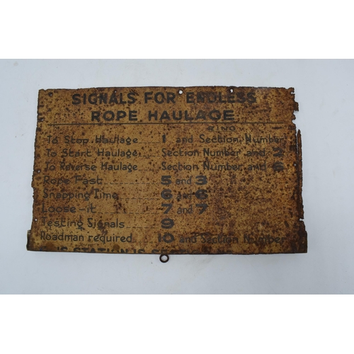 343 - A 20th century metal sign 'Signals For Endless Rope Haulage' mounted onto a wooden support. 34 x 21c... 