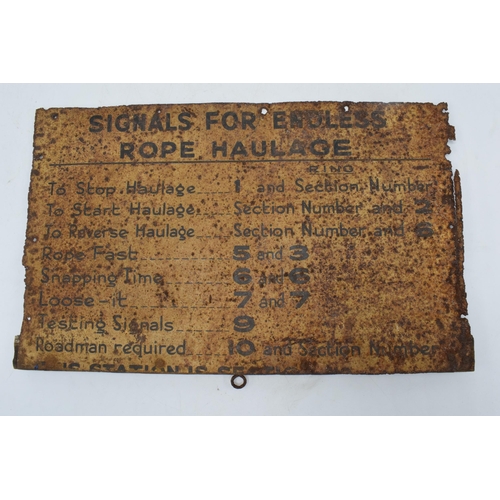 343 - A 20th century metal sign 'Signals For Endless Rope Haulage' mounted onto a wooden support. 34 x 21c... 