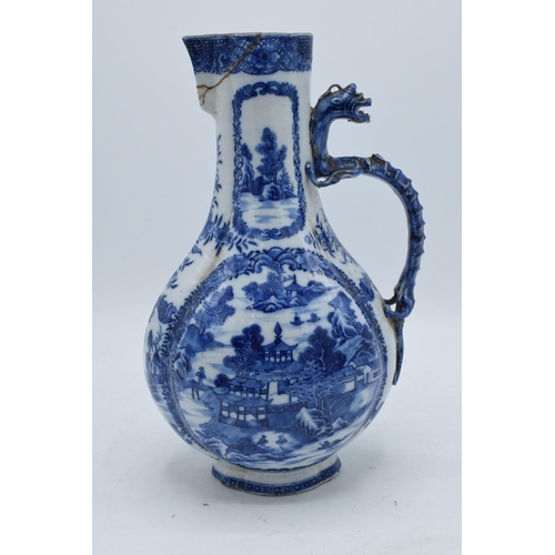 55 - Blue & white Chinese wine jug 19th century: Missing lid, handle re stuck and minor damages, standing... 