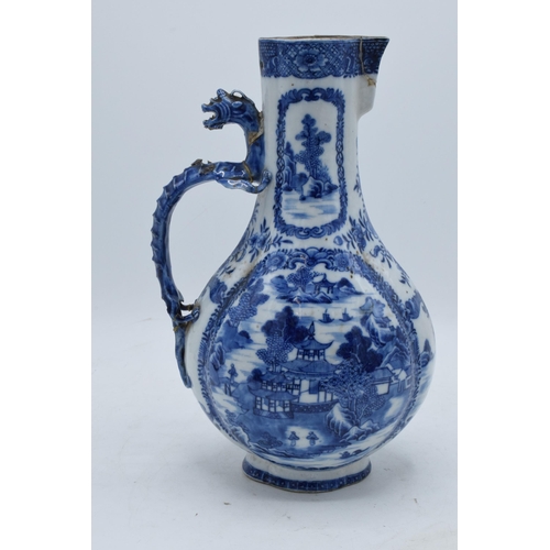 55 - Blue & white Chinese wine jug 19th century: Missing lid, handle re stuck and minor damages, standing... 