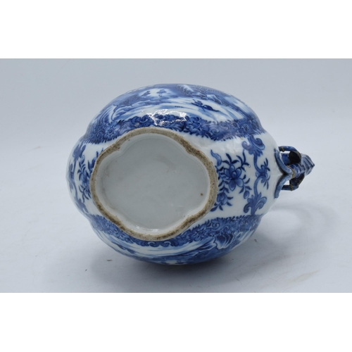 55 - Blue & white Chinese wine jug 19th century: Missing lid, handle re stuck and minor damages, standing... 