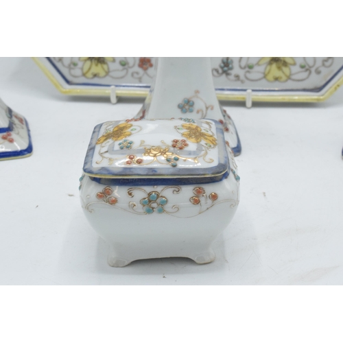 58 - A dressing table set by Kinto China handpainted Nippon to consist of a rectangular tray, a pair of c... 