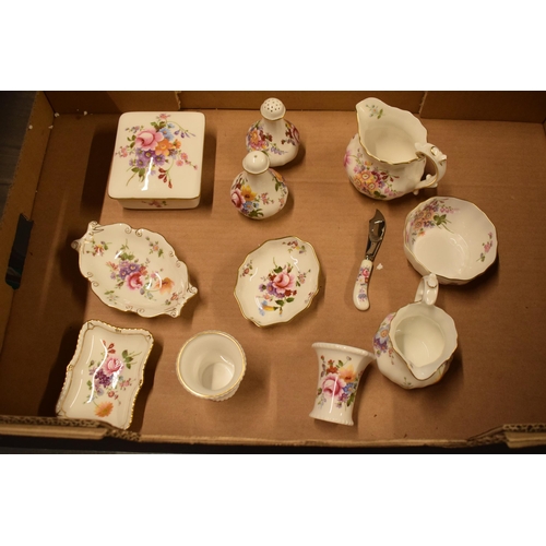 65 - A collection of Royal Crown Derby items in the Derby Posies design to include pin trays, cruets, jug... 