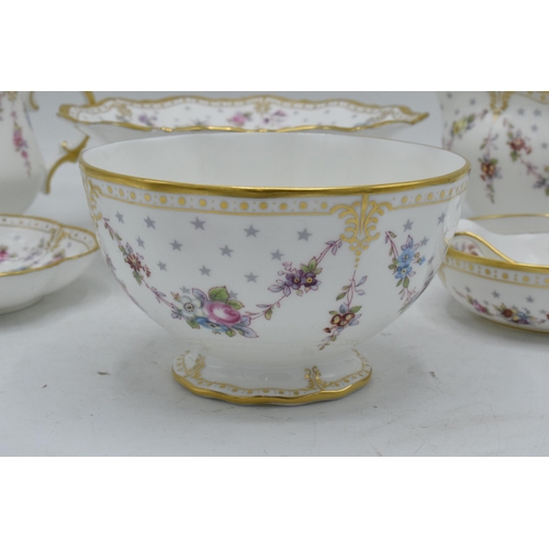 77 - Royal Crown Derby items to the Royal Antoinette pattern to consist of a tazza, milk jug, cream jug, ... 