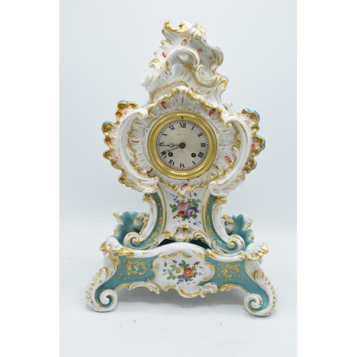 80 - 19th Century Jacob Petit porcelain hand painted mantle clock with a porcelain base with an open face... 