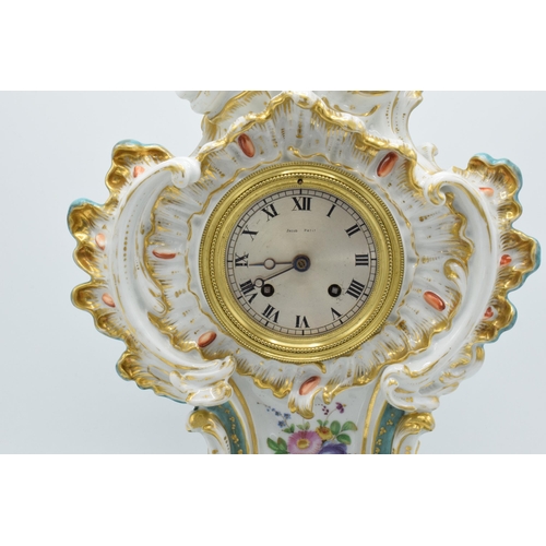 80 - 19th Century Jacob Petit porcelain hand painted mantle clock with a porcelain base with an open face... 