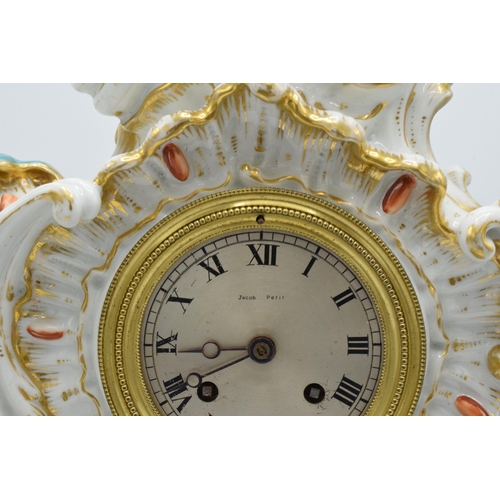 80 - 19th Century Jacob Petit porcelain hand painted mantle clock with a porcelain base with an open face... 