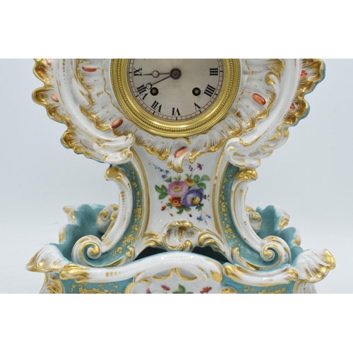 80 - 19th Century Jacob Petit porcelain hand painted mantle clock with a porcelain base with an open face... 