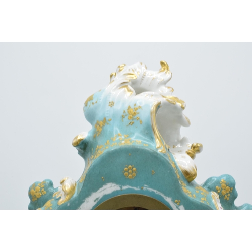 80 - 19th Century Jacob Petit porcelain hand painted mantle clock with a porcelain base with an open face... 