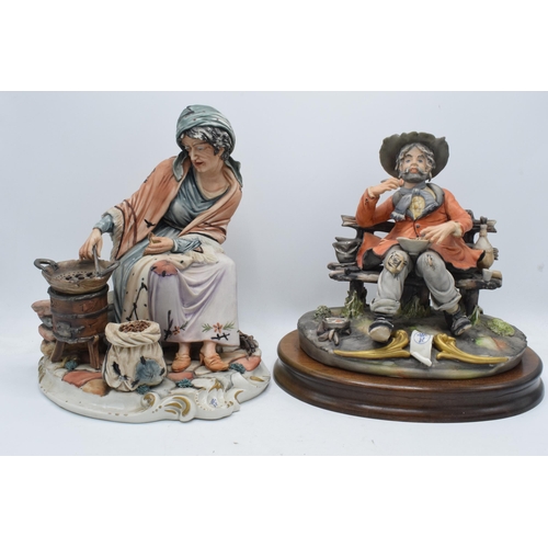 81 - A pair of Capo Di Monte figures to include a Sartou man eating whilst seated on a bench and a Menegh... 