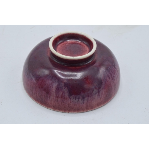 99A - Ruskin miniature high fired bowl in a red/ maroon / purple fusion of colours. 6cm diameter. Backstam... 