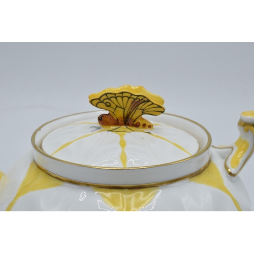 75A - Aynsley yellow leaf moulded teapot with a butterfly finial on the teapot lid. 10cm tall. In good con... 