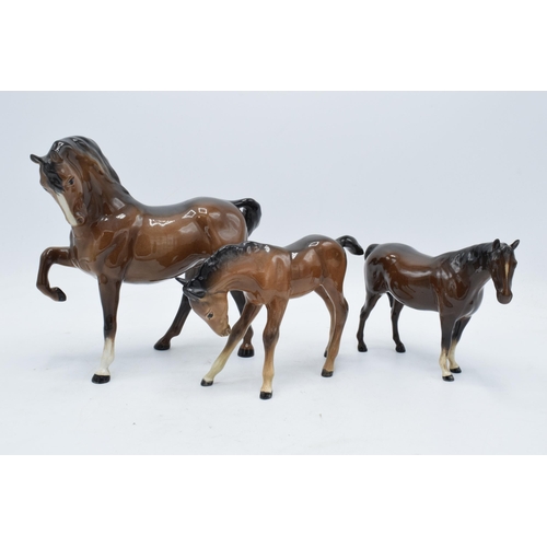 145 - A trio of brown Beswick horses to include leg tucked horse 1549, mare facing right 991 and a large s... 