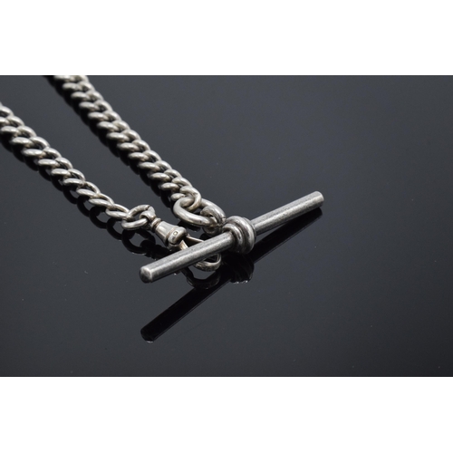 183 - A hallmarked silver Albert watch chain with T bar. 27.4 grams. Hallmark to each link. 32cm long.