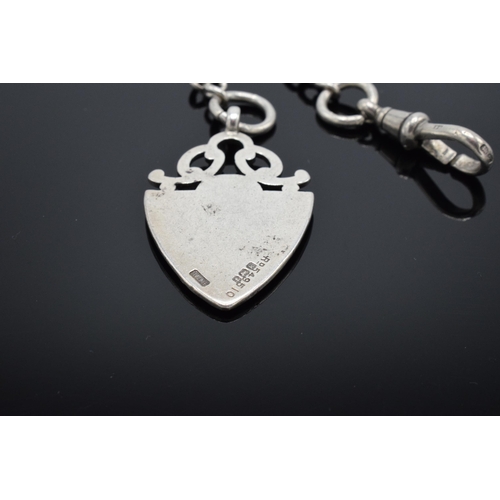 184 - A hallmarked silver Albert chain with a silver fob. 25.3 grams. Hallmark to each link. 34cm long.