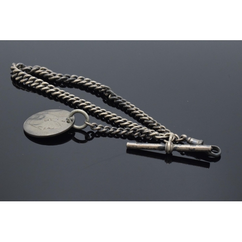 185A - Silver Albert watch chain with T bar, clip and coin fob. 40.6 grams. 36cm long.