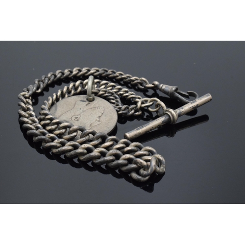 185A - Silver Albert watch chain with T bar, clip and coin fob. 40.6 grams. 36cm long.