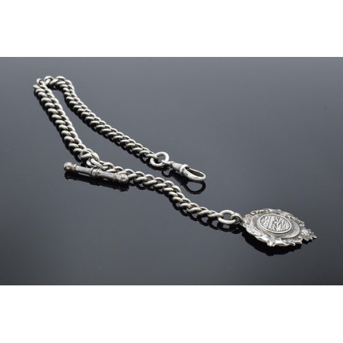 192 - Silver Albert watch chain and silver fob with T bar. 40.4 grams. 39cm long.