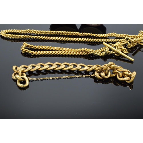 203J - Two gilded metal Albert watch chains, a heavy gilded bracelet and a gilded ring set coloured stones ... 