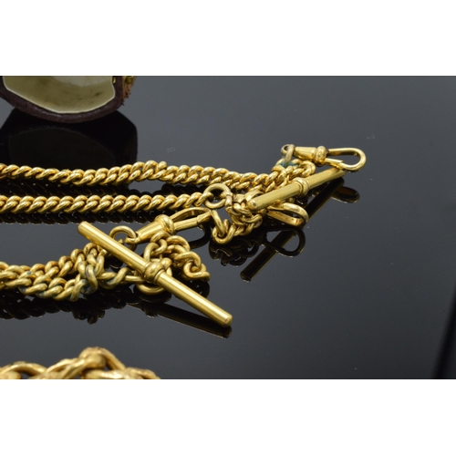 203J - Two gilded metal Albert watch chains, a heavy gilded bracelet and a gilded ring set coloured stones ... 