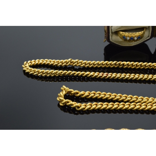 203J - Two gilded metal Albert watch chains, a heavy gilded bracelet and a gilded ring set coloured stones ... 